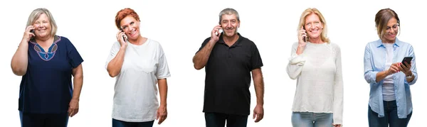 Kolaż Grupy Średnim Wieku Starszych Ludzi Pomocą Smartphone Białym Tle — Zdjęcie stockowe