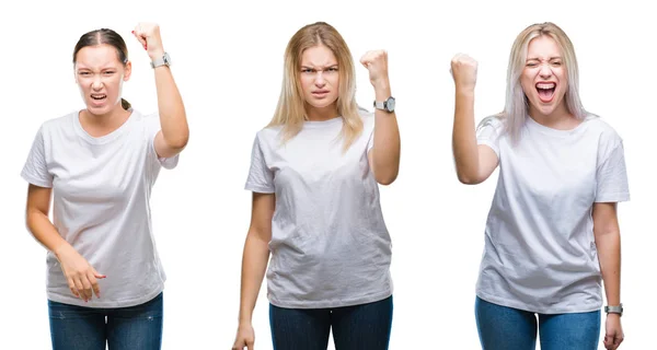 怒ってい イライラして怒りで叫びながら激怒の拳を上げる狂牛病分離の背景に白い シャツを着た若い女性のグループのコラージュ 怒りと攻撃的な概念 — ストック写真