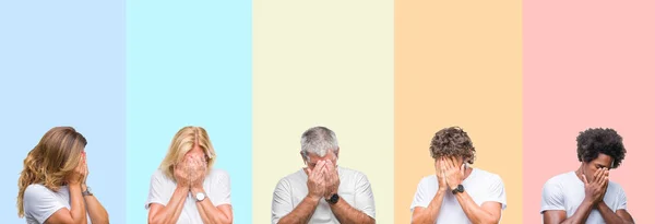 Collage Einer Gruppe Junger Und Mittelalter Menschen Die Weißes Shirt — Stockfoto