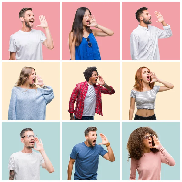 Collage Van Groep Jongeren Vrouw Mannen Kleurrijke Geïsoleerde Achtergrond Schreeuwen — Stockfoto