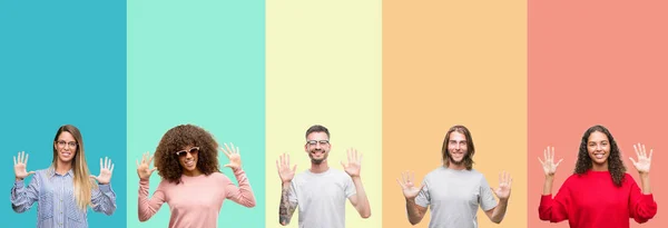 Collage Group Young People Colorful Vintage Isolated Background Showing Pointing — Stock Photo, Image