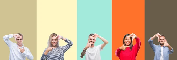 Collage Gruppo Giovani Sfondo Colorato Isolato Sorridente Facendo Cornice Con — Foto Stock