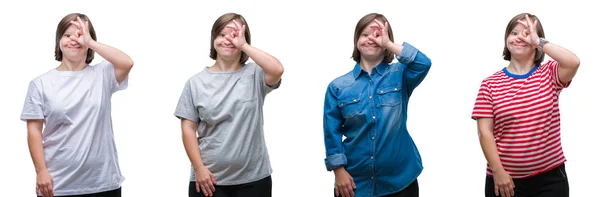 Collage Abajo Síndrome Mujer Sobre Fondo Aislado Haciendo Gesto Con —  Fotos de Stock