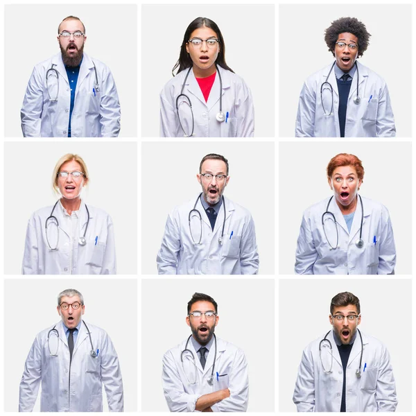 Collage Gruppen Läkare Människor Bär Stetoskopet Över Isolerade Bakgrund Rädd — Stockfoto