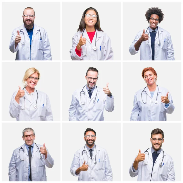 Kolaż Grupy Ludzi Lekarz Stetoskop Sobie Białym Tle Robi Szczęśliwy — Zdjęcie stockowe