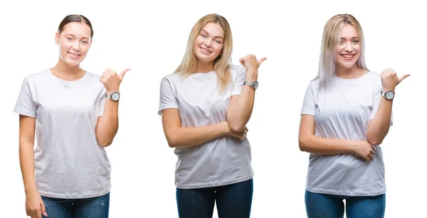 Kolaż Grupy Młodych Kobiet Noszenie Shirt Biały Białym Tle Uśmiechnięty — Zdjęcie stockowe