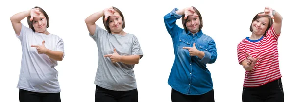 Colagem Mulher Para Baixo Síndrome Sobre Fundo Isolado Sorrindo Fazendo — Fotografia de Stock