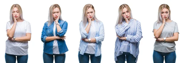 Collage Beautiful Blonde Young Woman Isolated Background Thinking Looking Tired — Stock Photo, Image