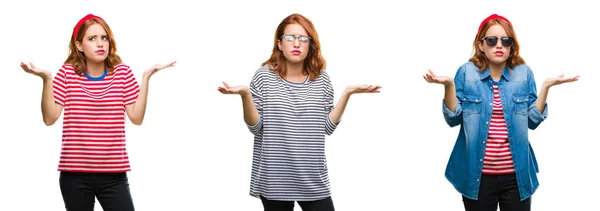 Collage Young Beautiful Redhead Woman Isolated Background Clueless Confused Expression — Stock Photo, Image