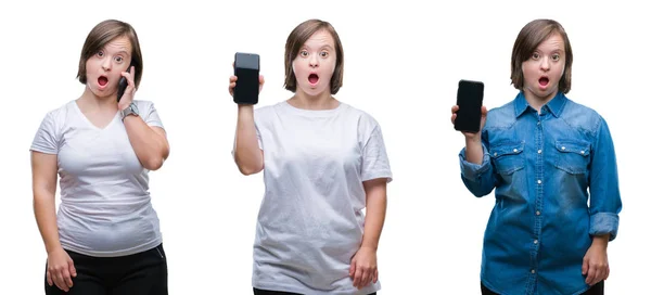 Коллаж Даун Синдрома Женщины Использующей Смартфон Изолированном Фоне Напуганной Шоке — стоковое фото