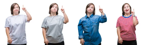Collage Ner Sydrome Kvinna Över Isolerade Bakgrund Pekar Finger Med — Stockfoto