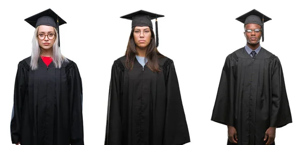 Collage Grupo Jóvenes Estudiantes Con Uniforme Graduación Universidad Sobre Fondo —  Fotos de Stock