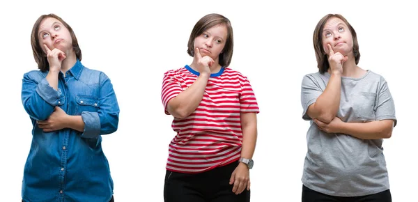 Collage Ner Sydrome Kvinna Över Isolerade Bakgrund Med Hand Hakan — Stockfoto