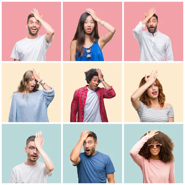 Collage Grupo Jóvenes Mujer Hombres Sobre Fondo Aislado Colorido Sorprendido —  Fotos de Stock