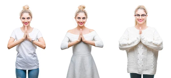 Collage Van Jonge Mooie Blonde Vrouw Witte Geïsoleerde Achtergrond Bidden — Stockfoto