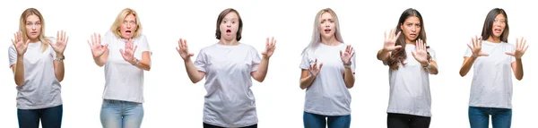 Collage Group Women Wearing White Shirt Isolated Background Afraid Terrified — Stock Photo, Image