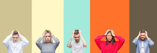 Collage Grupp Ungdomar Över Färgglada Isolerade Bakgrund Lider Huvudvärk Desperat — Stockfoto