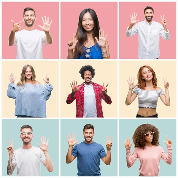 Collage Grupo Jóvenes Mujer Hombres Sobre Colorido Fondo Aislado Mostrando —  Fotos de Stock