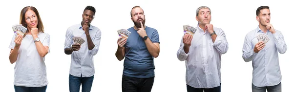 Collage Einer Gruppe Von Geschäftsleuten Die Einen Haufen Dollars Bargeld — Stockfoto