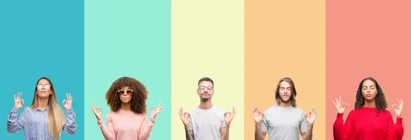 Collage Group Young People Colorful Vintage Isolated Background Relax Smiling — Stock Photo, Image