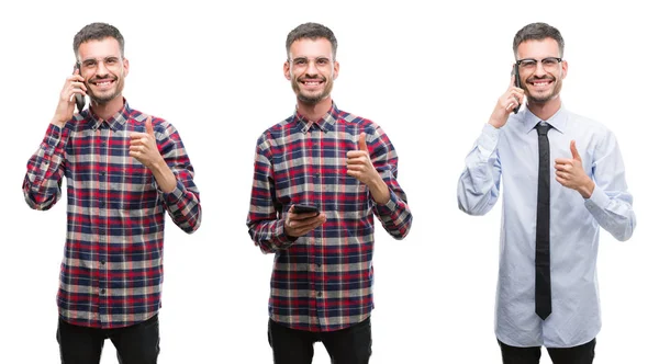 Collage Van Jonge Zakenman Werken Gebruikend Smartphone Witte Geïsoleerde Achtergrond — Stockfoto