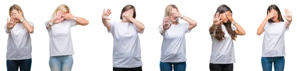 Collage Gruppo Donne Che Indossano Shirt Bianca Sfondo Isolato Coprendo — Foto Stock