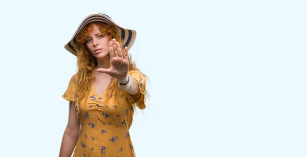 Young Redhead Woman Wearing Summer Hat Dress Open Hand Doing — Stock Photo, Image