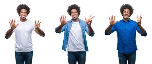 非洲裔美国年轻的无衫男子和商人的拼贴在孤立的背景下显示和指着手指 同时微笑着自信和快乐 — 图库照片