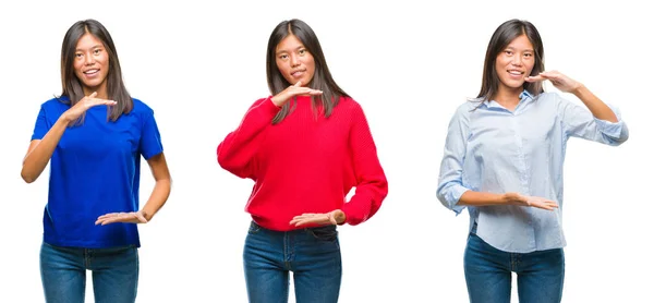 Colagem Asiático Jovem Mulher Sobre Branco Isolado Fundo Gestos Com — Fotografia de Stock