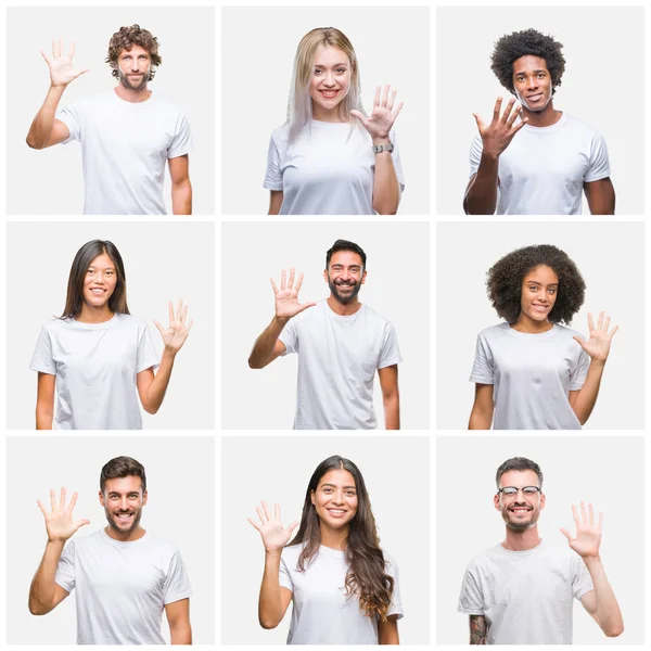 Collage Gruppen Människor Bär Casual Vit Shirt Över Isolerade Bakgrund — Stockfoto