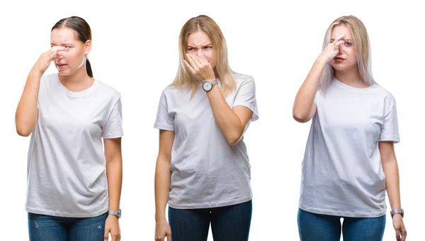 Collage Gruppen Unga Kvinnor Som Bär Vit Shirt Över Isolerade — Stockfoto