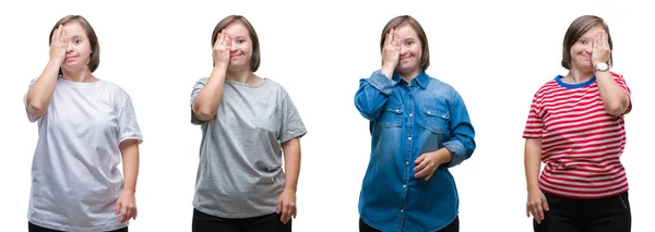 Коллаж Синдрома Дауна Женщина Изолированном Фоне Закрывая Один Глаз Рукой — стоковое фото