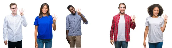 年轻的亚洲人 高加索 非洲裔美国人群体的孤立背景显示和指向用手指第四 同时微笑着自信和快乐 — 图库照片