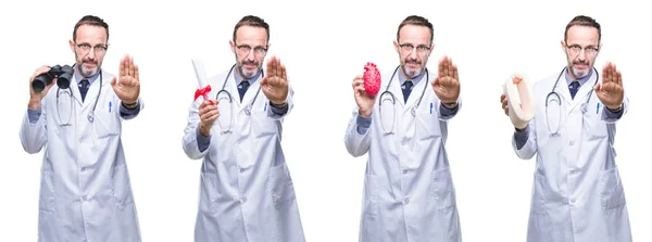 Collage Handsome Senior Hoary Doctor Man Isolated Background Open Hand — Stock Photo, Image