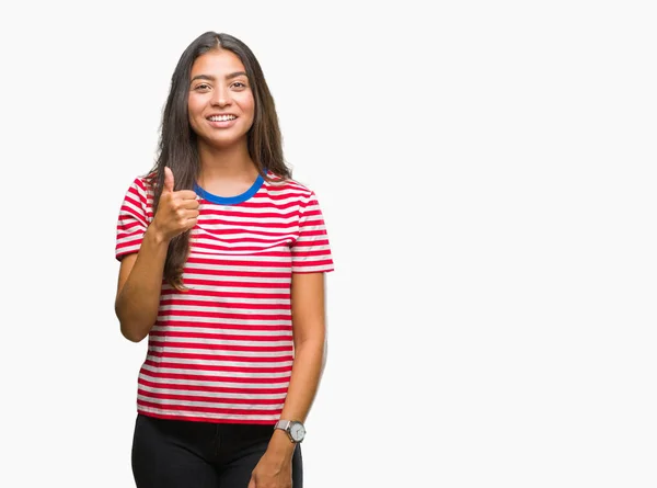 Joven Mujer Árabe Hermosa Sobre Fondo Aislado Haciendo Pulgares Felices —  Fotos de Stock