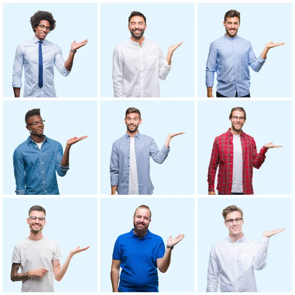 ビジネスとカジュアルな男性陽気な提示とカメラを見て手の手のひらで指している笑みを浮かべて孤立の背景の上のグループのコラージュ — ストック写真
