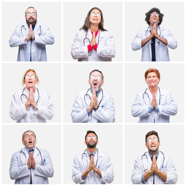 Collage Grupo Médicos Con Estetoscopio Sobre Fondo Aislado Mendigando Rezando —  Fotos de Stock