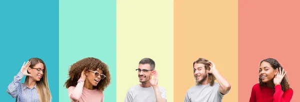 Collage Van Groep Jongeren Kleurrijke Vintage Geïsoleerde Achtergrond Glimlachend Met — Stockfoto