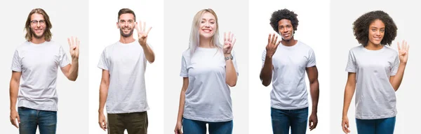 Collage Grupo Jóvenes Con Camiseta Blanca Sobre Fondo Aislado Mostrando — Foto de Stock