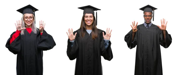 Collage Van Groep Jonge Student Mensen Dragen Univerty Afgestudeerd Uniform — Stockfoto