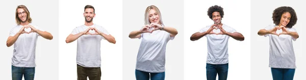 一群年轻人穿着白色 T恤在孤立的背景上微笑着用手展示心脏符号和形状 浪漫的概念 — 图库照片