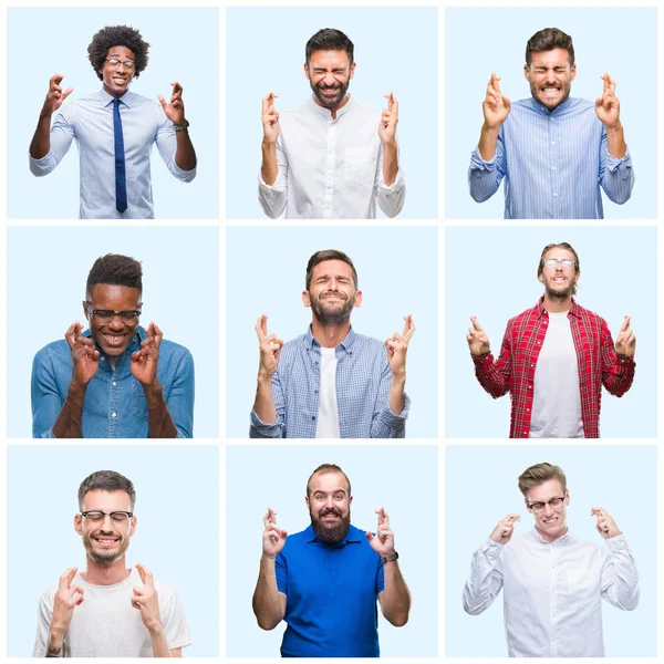 ビジネスとカジュアルな男性希望と目を閉じて交差指の笑みを浮かべて孤立の背景の上のグループのコラージュ 運と迷信的な概念 — ストック写真