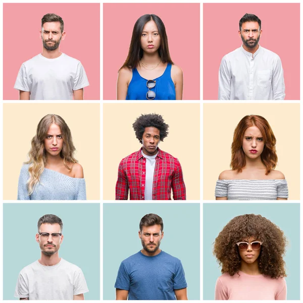 Collage Group Young People Woman Men Colorful Isolated Background Skeptic — Stock Photo, Image