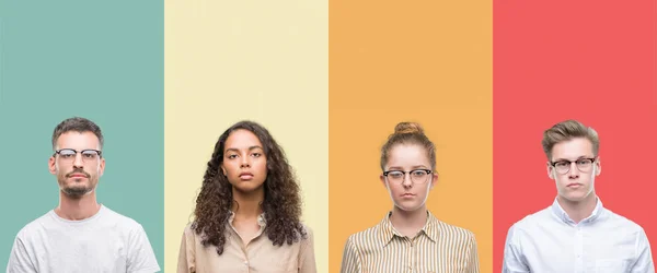 Colagem Grupo Pessoas Isoladas Sobre Fundo Colorido Com Expressão Séria — Fotografia de Stock