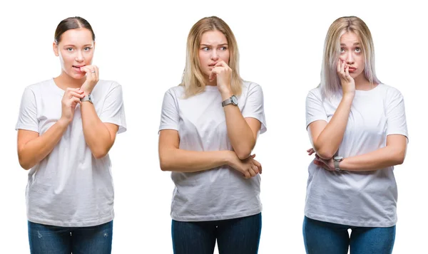 一群年轻女性在孤立的背景上穿着白色 手放在嘴上咬指甲 显得紧张和紧张 焦虑问题 — 图库照片