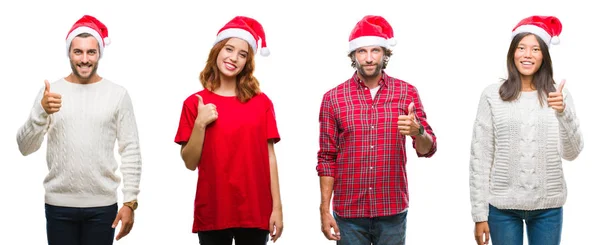 Koláž Skupiny Lidí Nosí Vánoční Čepice Izolované Pozadí Dělá Šťastné — Stock fotografie