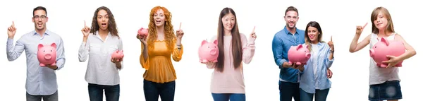 Collage Van Groep Mensen Besparen Met Behulp Van Piggy Bank — Stockfoto