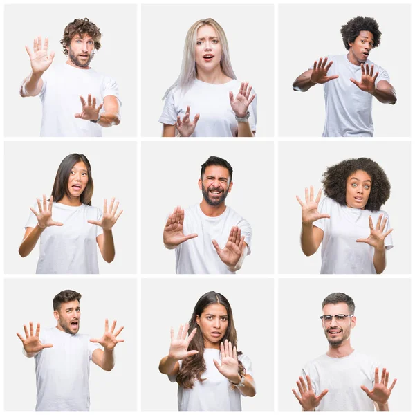 Collage Van Groep Mensen Dragen Casual Wit Shirt Geïsoleerde Achtergrond — Stockfoto