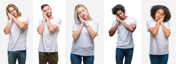 Collage Grupo Jóvenes Con Camiseta Blanca Sobre Fondo Aislado Durmiendo —  Fotos de Stock