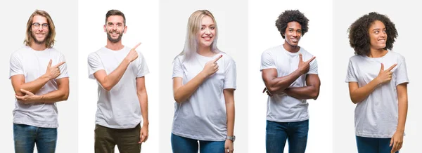 Collage Groupe Jeunes Portant Shirt Blanc Sur Fond Isolé Gai — Photo